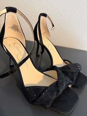 Jessica Simpson Black Crystal-Knot Ankle-Strap Heels